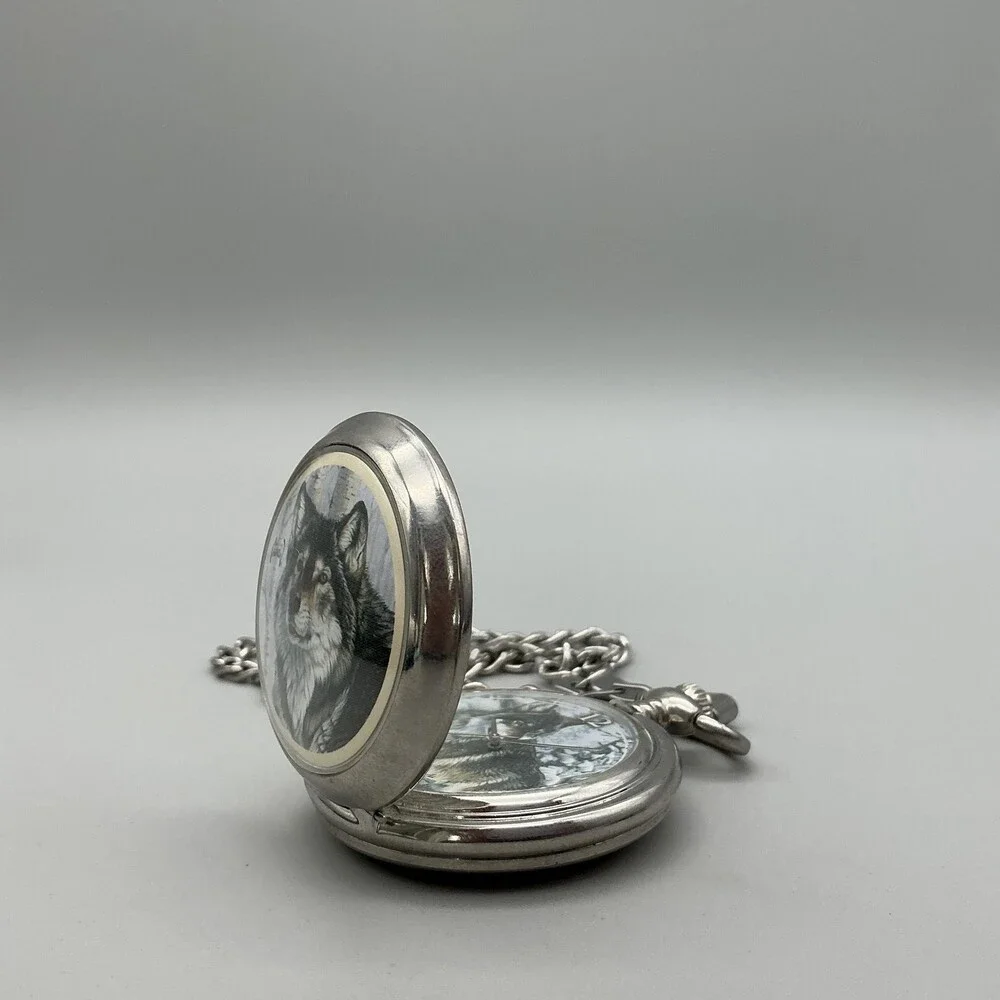 Al Agnew Pocket Watch Men 47mm Silver Tone Wolf Full Hunter Chain Analog